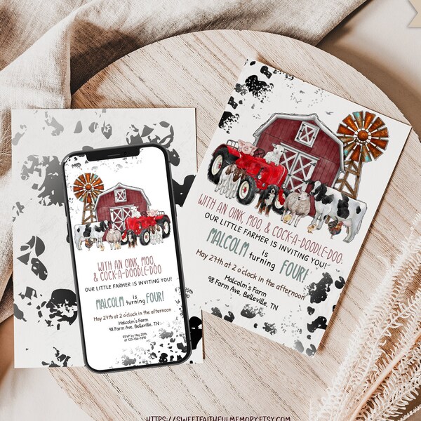 Editable Farm Birthday Invitation | Barn Animals Party | Editable Ranch Kids Birthday | Red Barnyard Birthday | Rustic Farm | Template 0031