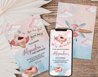 Editable Airplane Time Flies Birthday Invitation Pink Airplane - Etsy