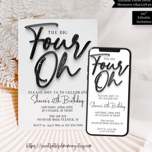 The Big Four Oh Birthday | Digital 40th Birthday Invitation | Editable Template 40th Birthday | Minimalist 40th Birthday Invitation | 0030