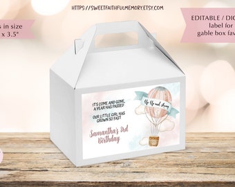 Up, up, and Away Birthday Gable Box Favor EDITABLE | Pink Hot Air Balloon Birthday Gable Box Label EDITABLE & DIGITAL | Template 0007