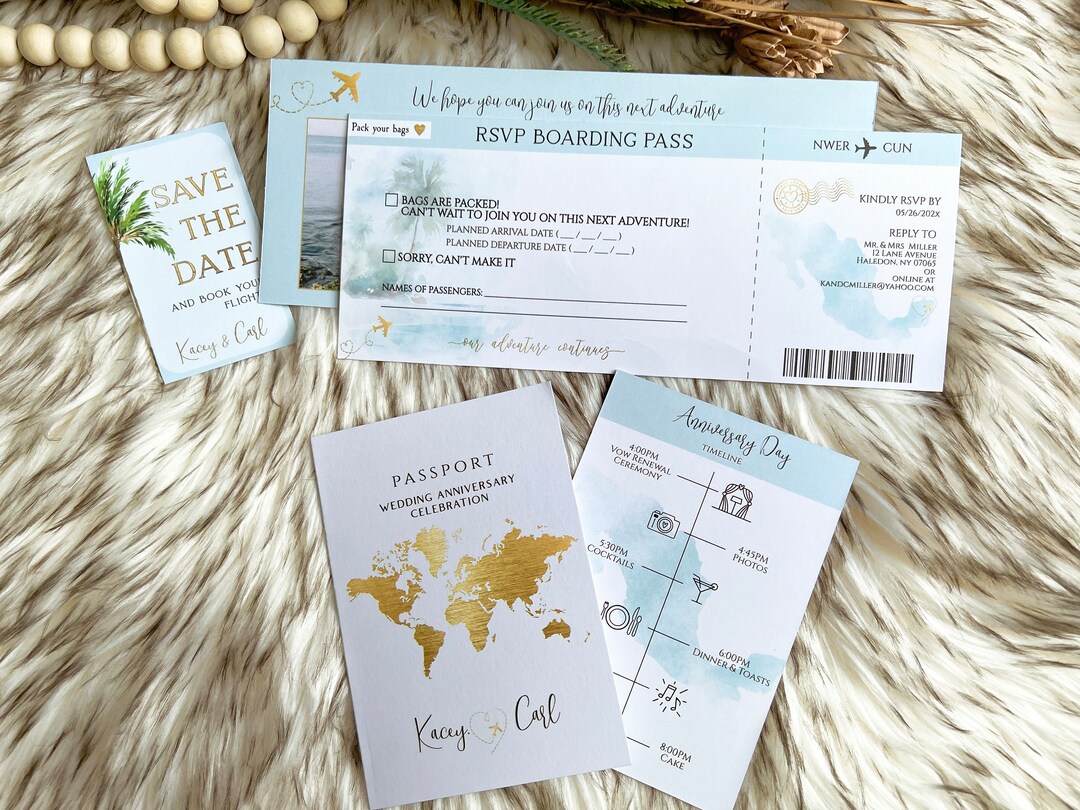 Printable Passport Wedding Invitation Gold Foil Boarding Pass Any