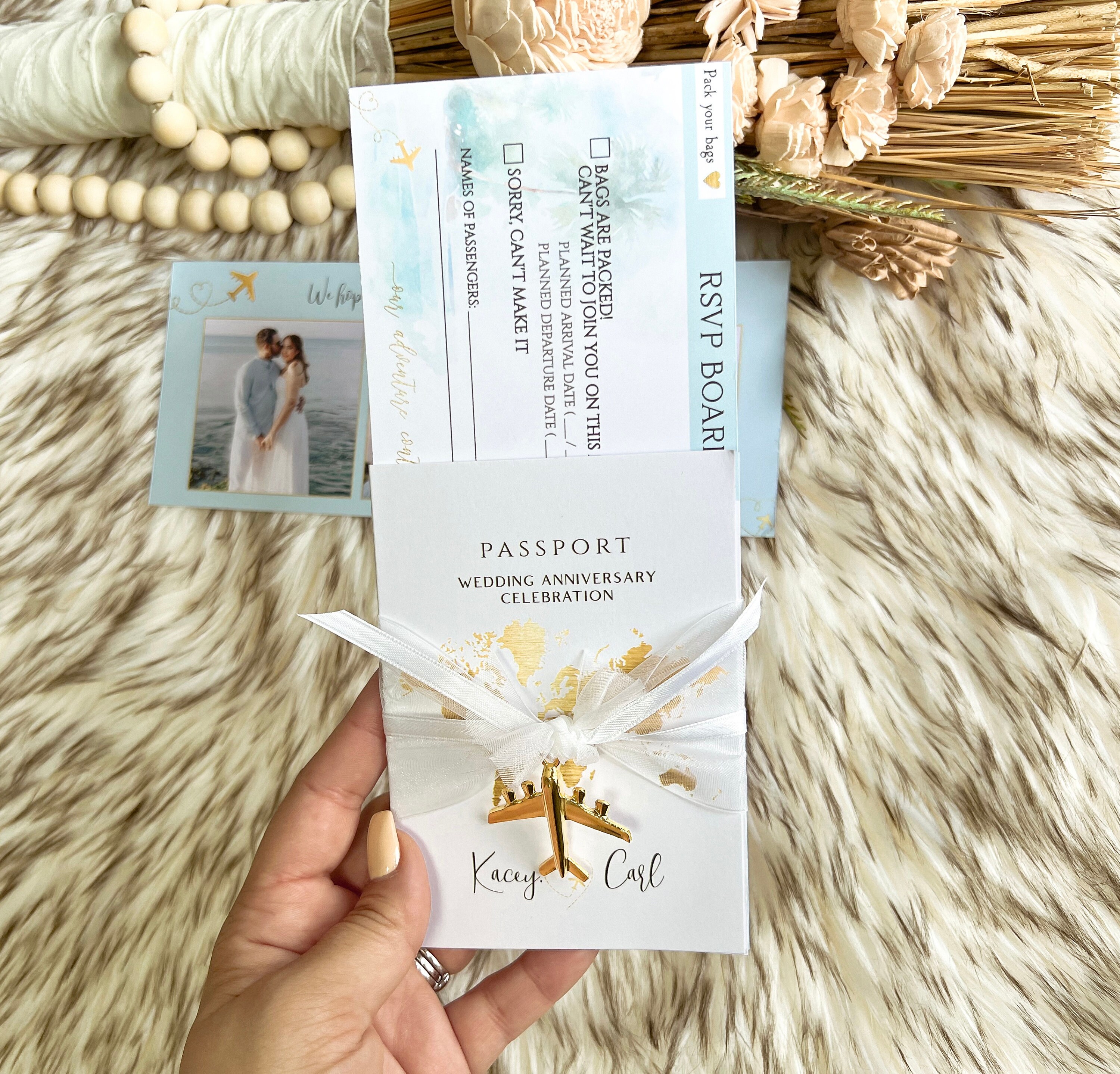 Printable Passport Wedding Invitation Gold Foil Boarding Pass Any