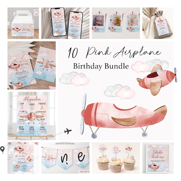 Pink Airplane Oh My How Time Flies Birthday Bundle | Pink Plane Birthday Digital Bundle | Template 0009