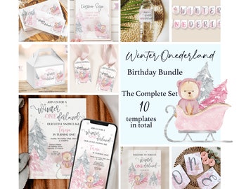 Editable WINTER ONEderland Bundle | Pink & Silver Winter ONEderland Bundle | Winter ONEderland Instant Download | Template 0006