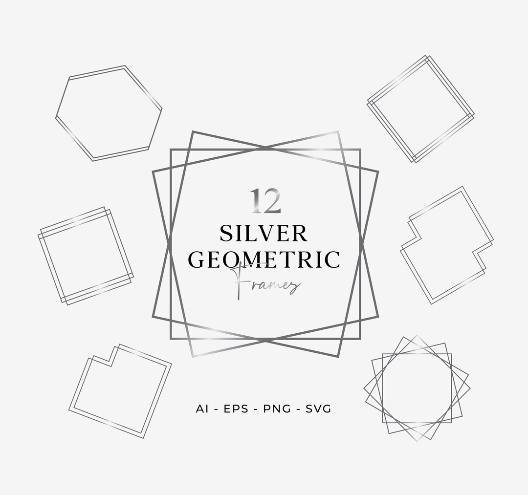 12 Silver Geometric Frames, Polygonal Frames, Geometric Frames SVG