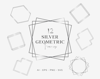 12 Silver Geometric Frames, Polygonal frames, Geometric Frames SVG, Decorative Frames, Geometric Frames, Vector Frames, Silver Frames