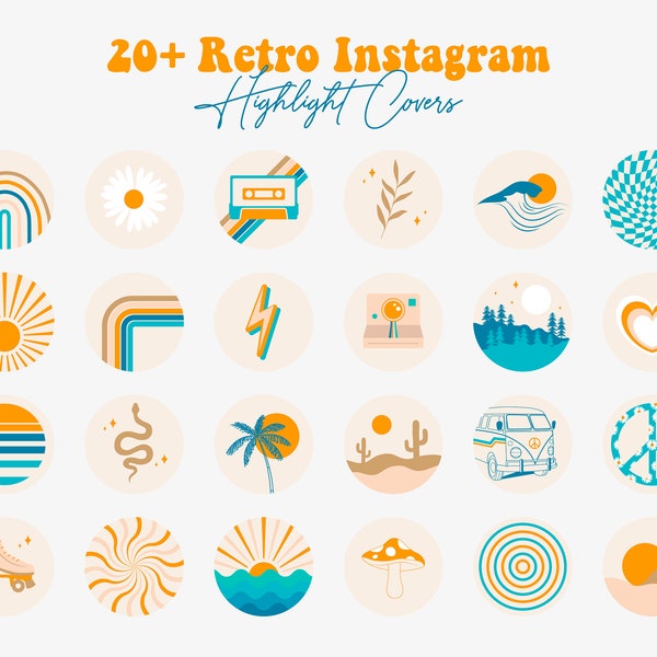 20+ Retro Instagram Highlight Covers, 70's Groovy Icons, IOS App Icons, Instagram Icons, Summer Highlight Covers, Boho Story Highlights