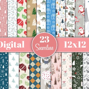 Könnte beinhalten: Ein Set mit 23 digitalen nahtlosen Weihnachtspapiermustern in verschiedenen Farben und Designs, darunter Schneeflocken, Bäume, Weihnachtsmann und Geschenke. Die Muster sind 12x12 Zoll groß.