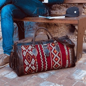 kilim travel bag, kilim bag, kilim leather travel bag, Carpet leather Weekend duffel bag for women & men, Kilim Weekender Bag, weekend bag,