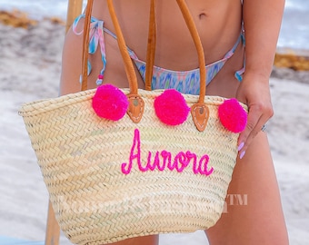 Personalized Beach Bag || Customized Straw Bag || Pom Pom Beach Basket  Monogrammed Bag ,Pompom Tote Bag, Bridal Shower,Bridesmaid Gift  