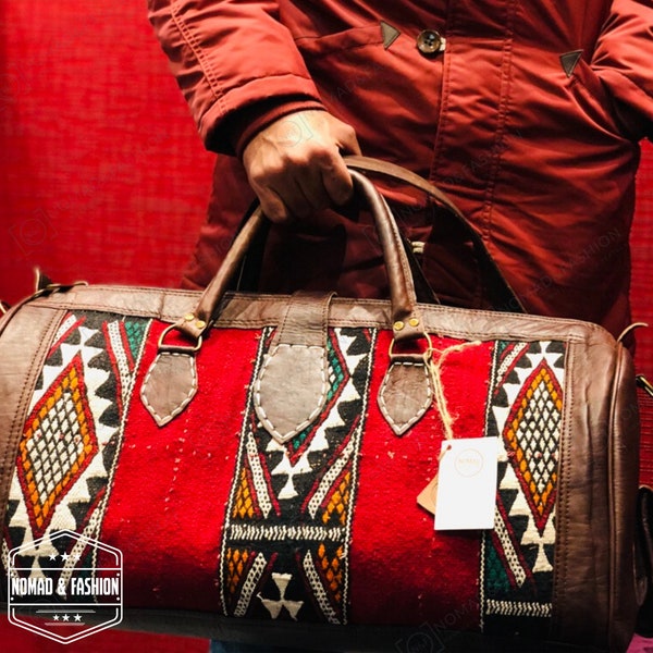 travel adventure bag Leather with kilim travel Shoulder Duffle Bag weekender Handbag Tribal Bohemian Style color dark chocolate