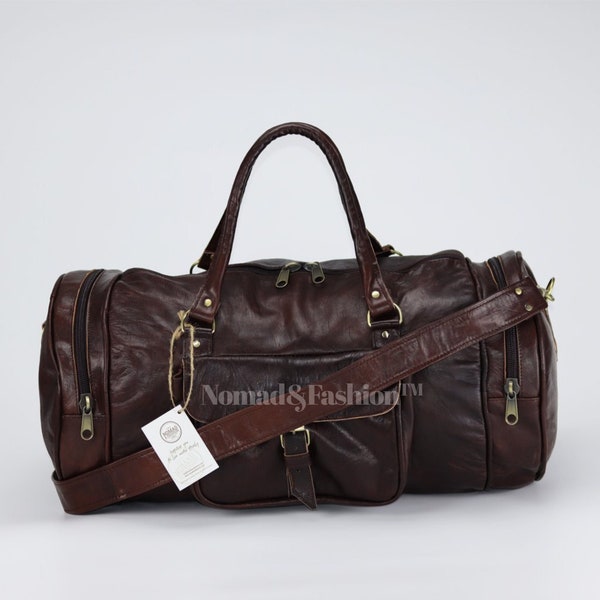 Duffle Bag Carry On Travel Weekender Overnight Bag with Leather Shoulder Strap Dark Brown