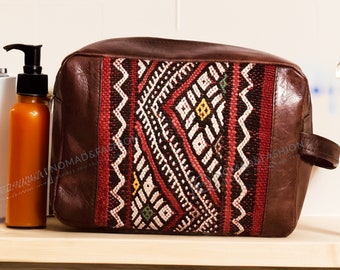 Leather kilim Dopp Kit Bag, Christmas Gift, Toiletry Bag Monogram, Mens Toiletry Bag, Leather Travel Gift for Him