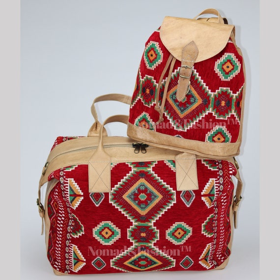 Set of Travel Bag and Backpack Leather With Red Kilim Shoulder Etsy
