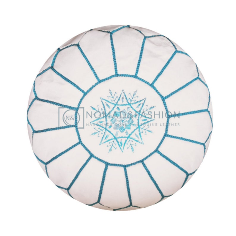 Premium handmade leather Moroccan pouf ottoman round poof White stitched Blue sky customized color
