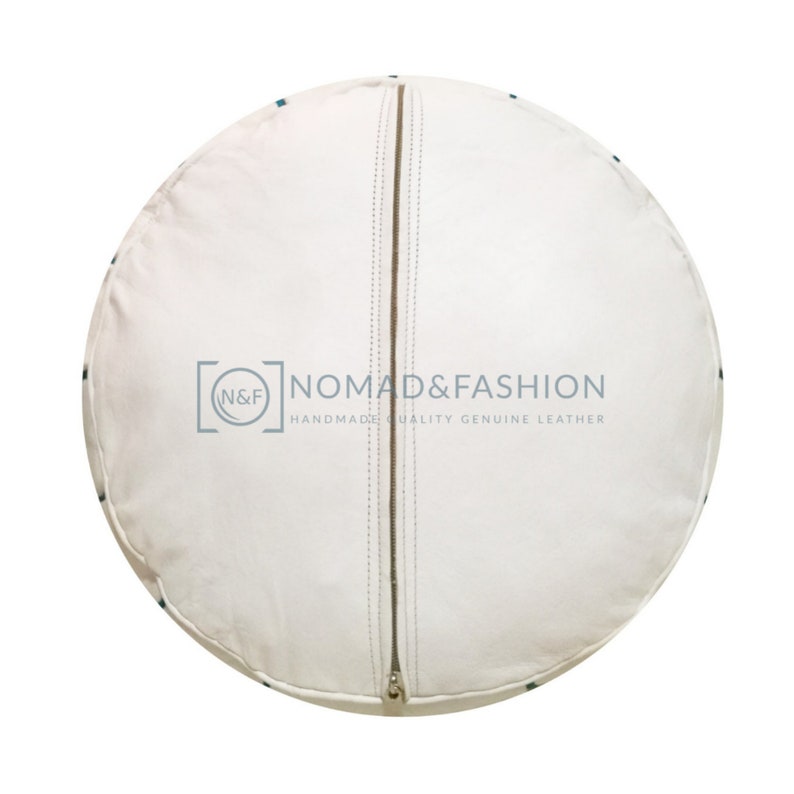 Premium handmade leather Moroccan pouf ottoman round poof White stitched Blue sky customized color
