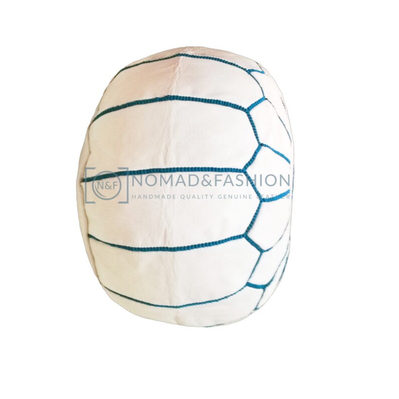 Premium handmade leather Moroccan pouf ottoman round poof White stitched Blue sky customized color
