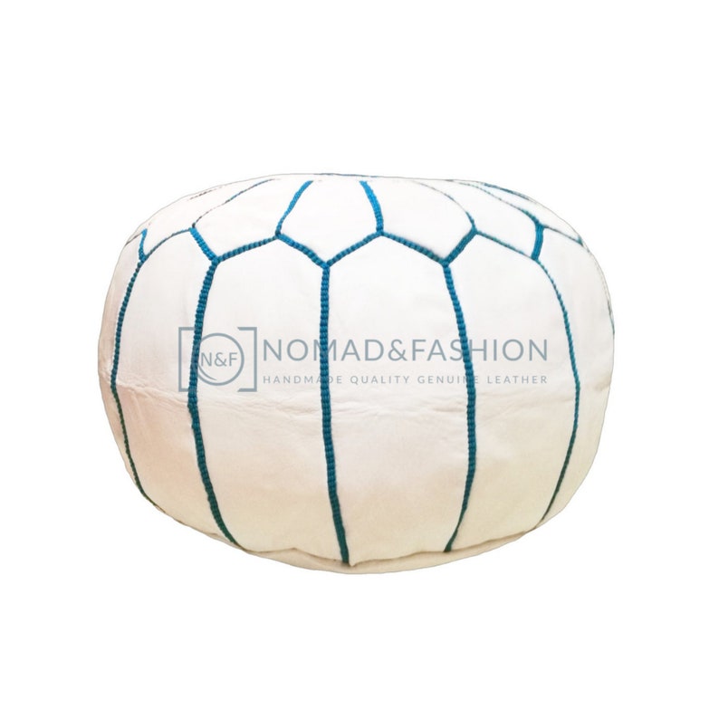 Premium handmade leather Moroccan pouf ottoman round poof White stitched Blue sky customized color