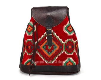 Vintage Backpack Moroccan Handmade leather with Red kilim Rustic Boho style Dark Brown Color