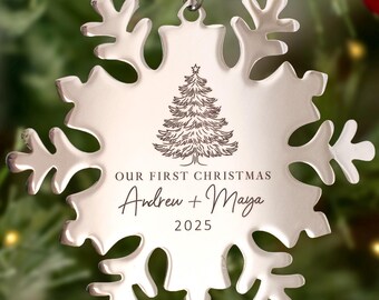 Our First Christmas Married Snowflake Ornament Personalized Year Couple Names Custom Engraved STAINLESS STEEL Tree Ornament 2025