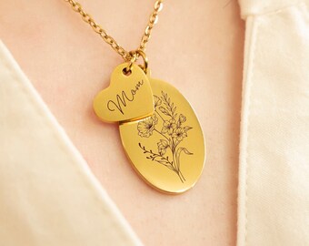 Birth Month Flower Necklace Mom Heart Necklace Personalized Name Necklace Engraved Oval Bouquet Pendant Custom Gift Mother's Day Jewelry