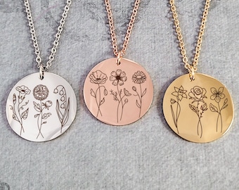 Birth Month Flower Necklace Wildflower Necklace Mom Jewelry STAINLESS STEEL Pendant Necklace Personalized Necklace Custom Engraving Gift