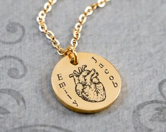 Anatomical Heart Necklace STAINLESS STEEL Gold Name Necklace Worn Out Style Couples Necklace Gift Personalized Necklace Engraved Necklace