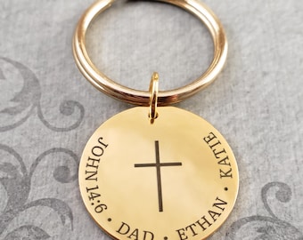Cross Keychain Dad & Kid's Names STAINLESS STEEL Personalized Engraved Scripture Keychain Father's Day Gift
