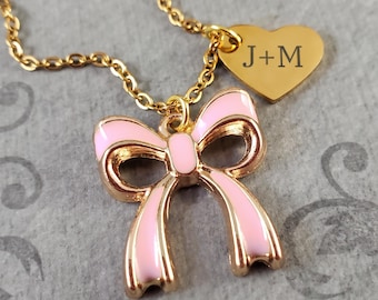 Pink Bow Necklace Engraved Heart Couple's Initials Necklace Coquette Ribbon Jewelry Personalized Anniversary Gift for Her Valentine's Day
