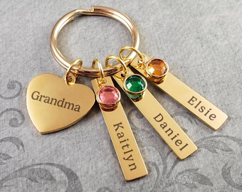 Grandma Keychain Personalized Engraved Grandkid's Names Mother's Day Heart Birthstones Keyring STAINLESS STEEL
