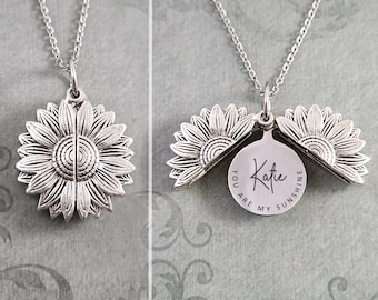 Sunflower Locket Necklace Name Necklace You Are My Sunshine Pendant Necklace Custom Engraving Charm Necklace Personalized Engraved Jewelry