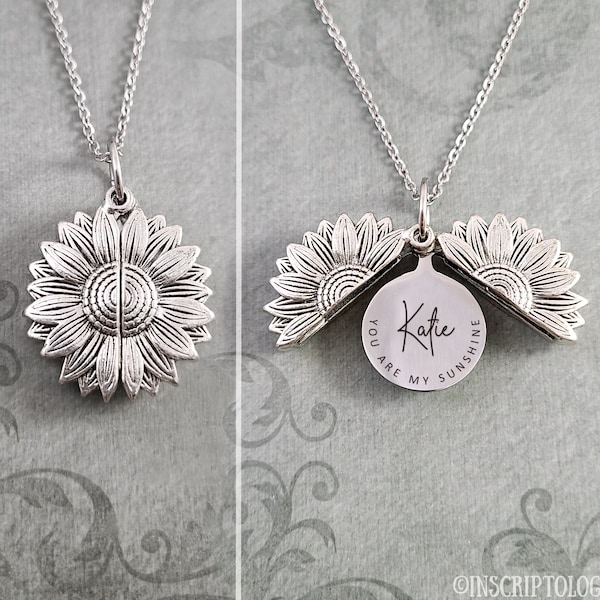 Sunflower Locket Necklace Name Necklace You Are My Sunshine Pendant Necklace Custom Engraving Charm Necklace Personalized Engraved Jewelry
