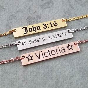 Name Necklace Personalized Bar Necklace Scripture Necklace Coordinates Necklace Horizontal Engraved Necklace Date Necklace STAINLESS STEEL