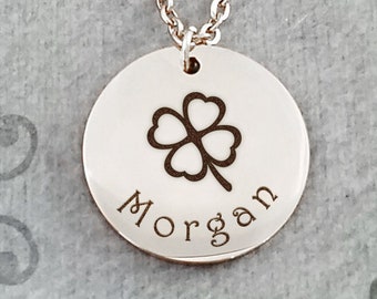 Clover Necklace Four Leaf Clover Necklace Good Luck Charm STAINLESS STEEL Name Necklace St Patrick's Day Gift Personalized Engraved Necklace