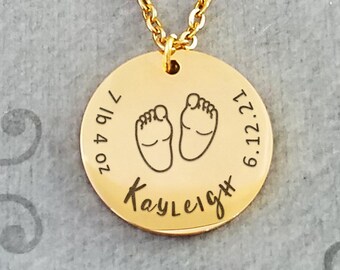 Baby Feet Necklace Name Necklace Weight Date Necklace STAINLESS STEEL Charm Necklace Custom Engraving Personalized Engraved Jewelry New Mom