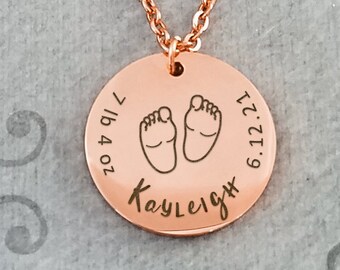 Baby Feet Necklace Name Necklace Weight Date Necklace STAINLESS STEEL Charm Necklace Custom Engraving Personalized Engraved Jewelry New Mom