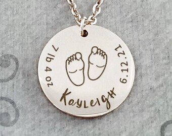 Baby Feet Necklace Name Necklace Weight Date Necklace STAINLESS STEEL Charm Necklace Custom Engraving Personalized Engraved Jewelry New Mom