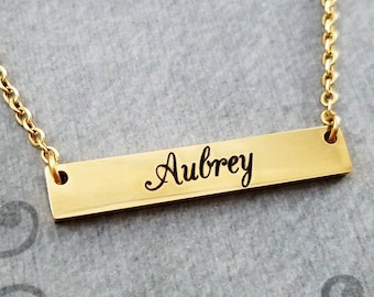 Bar Necklace STAINLESS STEEL Name Necklace Personalized Necklace Custom Necklace Engraved Necklace Engraved Jewelry Gold Horizontal Bar Gift