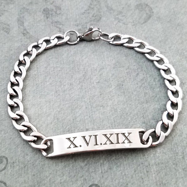 Roman Numerals Bracelet Name Bracelet Men's Bracelet Stainless Steel ID Bracelet Personalized Bracelet Engraved Bracelet Custom Bar Bracelet