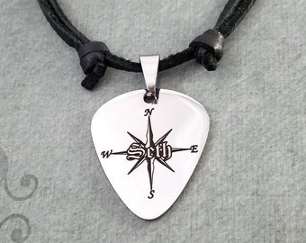 Guitar Pick Necklace Compass Necklace Initial Necklace STAINLESS STEEL Engraved Necklace Leather Necklace Men's Necklace Boyfriend Necklace