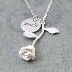 White Rose Necklace Name Necklace Engraved Necklace Personalized Necklace Custom Necklace Charm Necklace Pendant Necklace Bridesmaid Gift