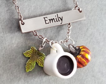 Pumpkin Necklace STAINLESS STEEL Pumpkin Spice Necklace Coffee Necklace Personalized Jewelry Engraved Bar Name Necklace Autumn Jewelry Gift