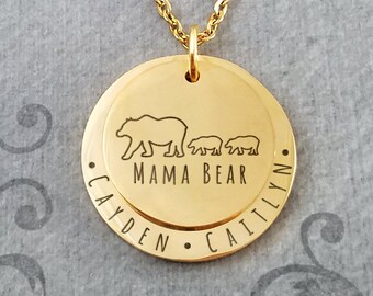 Mama Bear Necklace Mom Necklace Kids Necklace STAINLESS STEEL Kids Names Necklace Mother's Day Gift Personalized Jewelry Engraved Necklace