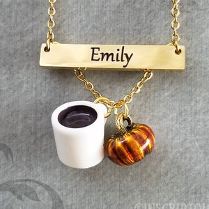 Pumpkin Necklace STAINLESS STEEL Pumpkin Spice Necklace Coffee Necklace Horizontal Bar Necklace Personalized Jewelry Engraved Name Necklace