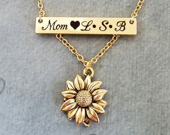 Bar Necklace Mom Necklace Sunflower Necklace Kids Initials Necklace STAINLESS STEEL Name Necklace Personalized Custom Engraved Necklace Gift