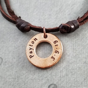Name Necklace Date Necklace Copper Washer Necklace Personalized Jewelry Custom Engraved Necklace Brown Leather Necklace Date Necklace Gift