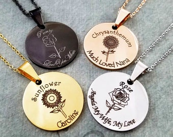 Sunflower Necklace STAINLESS STEEL Flower Necklace Rose Necklace Chrysanthemum Necklace Pansy Necklace Name Necklace Engraved Necklace Gift