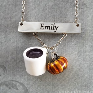 Pumpkin Necklace STAINLESS STEEL Pumpkin Spice Necklace Coffee Necklace Horizontal Bar Necklace Personalized Jewelry Engraved Name Necklace