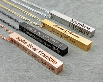 Bar Necklace Personalized Name Necklace Birth Date Necklace Coordinates Necklace ENGRAVED Necklace Engraved Jewelry Vertical Bar Pendant