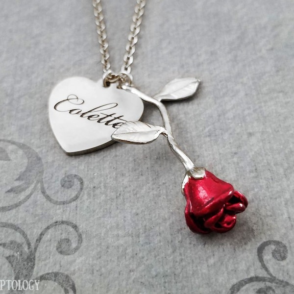 Red Rose Necklace Name Necklace STAINLESS STEEL Heart Necklace Personalized Jewelry Engraved Necklace Engraved Jewelry Valentine's Day Gift